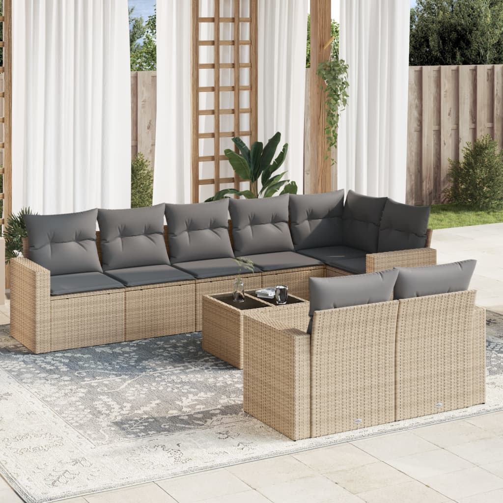 vidaXL 9 Piece Garden Sofa Set with Cushions Beige Poly Rattan