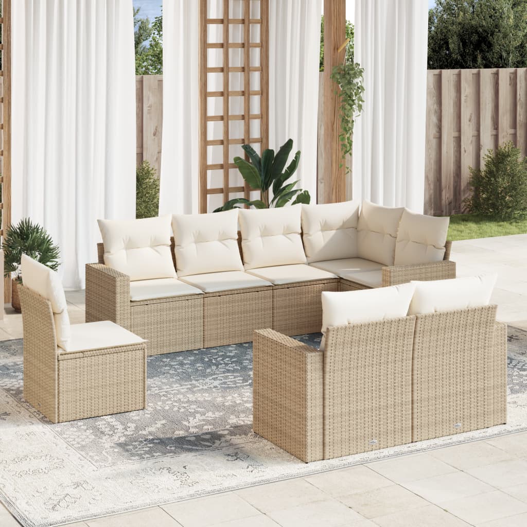 vidaXL 8-tlg. Garten-Sofagarnitur mit Kissen Beige Poly Rattan