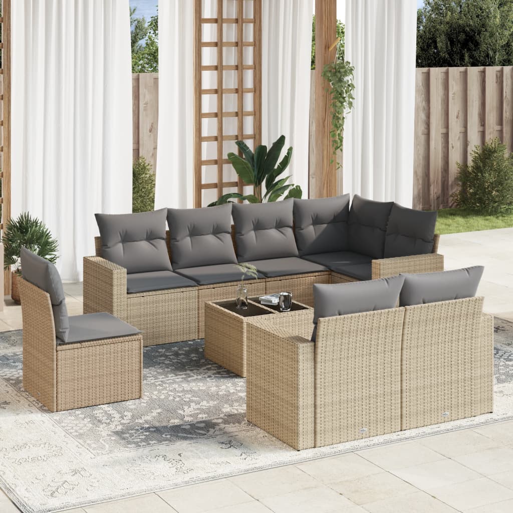 vidaXL 9 Piece Garden Sofa Set with Cushions Beige Poly Rattan