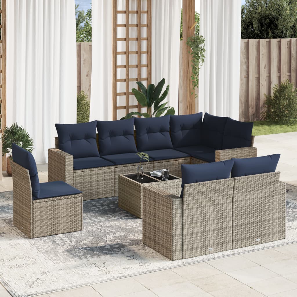 vidaXL sofasæt til haven 9 dele med hynder polyrattan grå