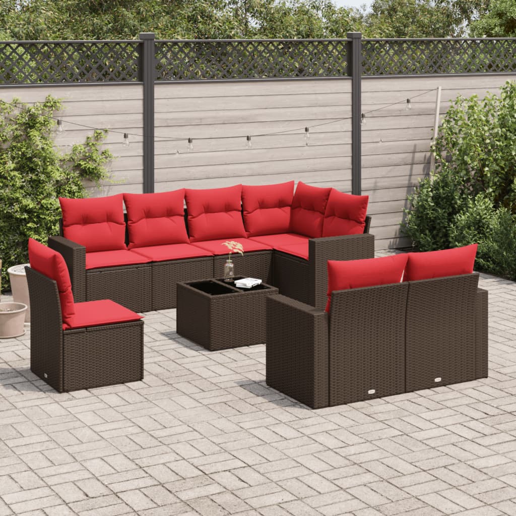 9 Piece Patio Sofa Set with Cushions Brown Poly Rattan