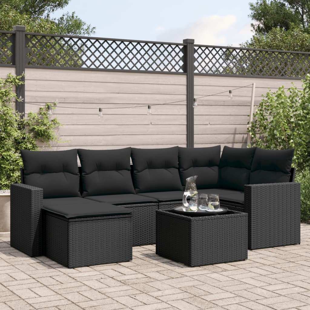 vidaXL 7-tlg. Garten-Sofagarnitur mit Kissen Schwarz Poly Rattan