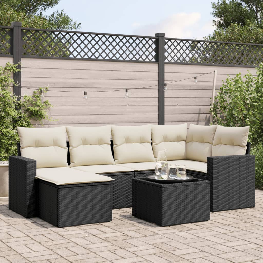 vidaXL 7-tlg. Garten-Sofagarnitur mit Kissen Schwarz Poly Rattan