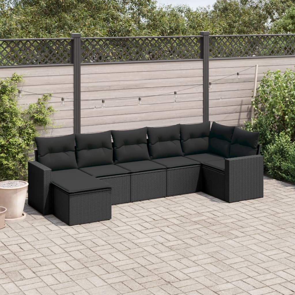 vidaXL 7 Piece Garden Sofa Set with Cushions Black Poly Rattan