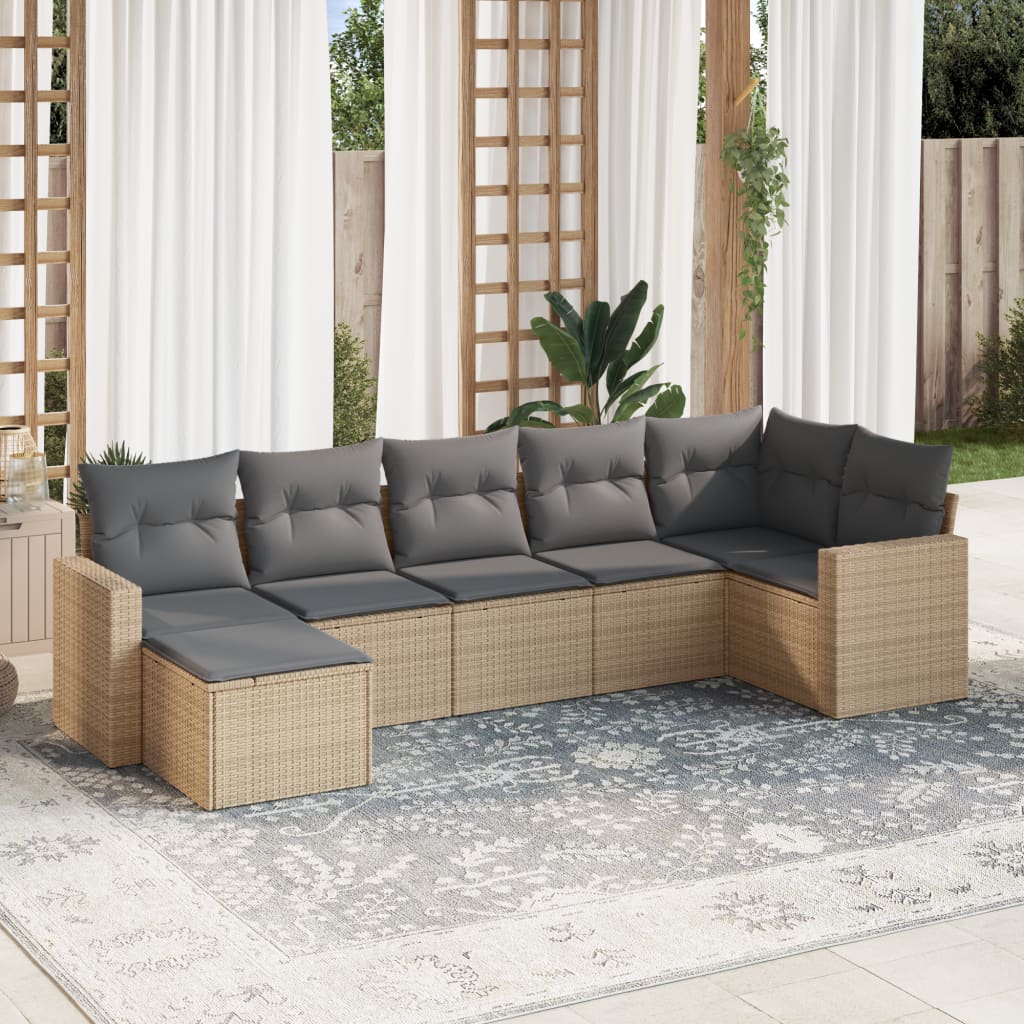 vidaXL 7-tlg. Garten-Sofagarnitur mit Kissen Beige Poly Rattan