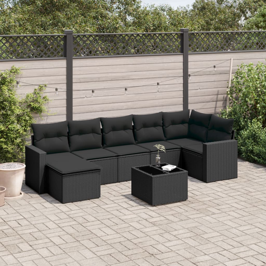 Sofasæt til haven i polyrattan - 8 dele med hynder og opbevaring, sort