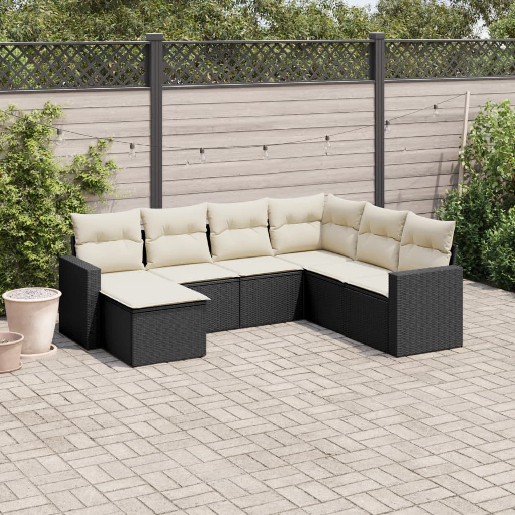 vidaXL 7-tlg. Garten-Sofagarnitur mit Kissen Schwarz Poly Rattan