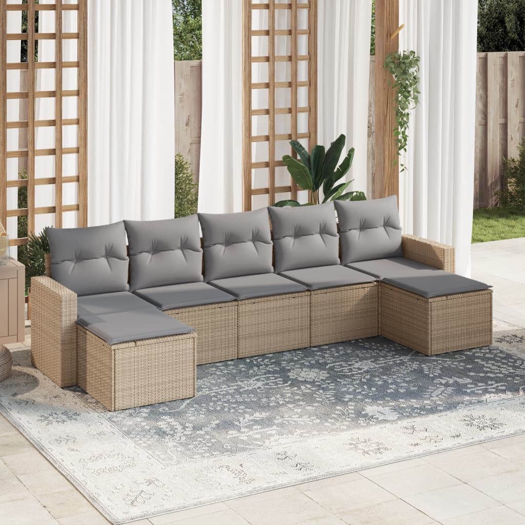 vidaXL 7-delige Loungeset met kussens poly rattan beige