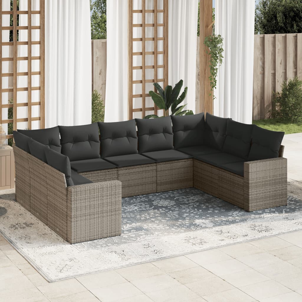 vidaXL 9 Piece Garden Sofa Set with Cushions Grey Poly Rattan