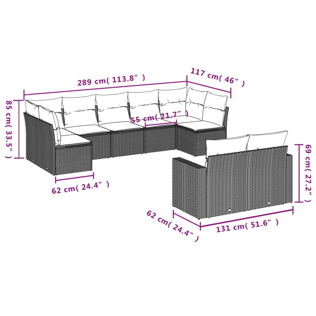 vidaXL 9-delige Loungeset met kussens poly rattan beige afbeelding