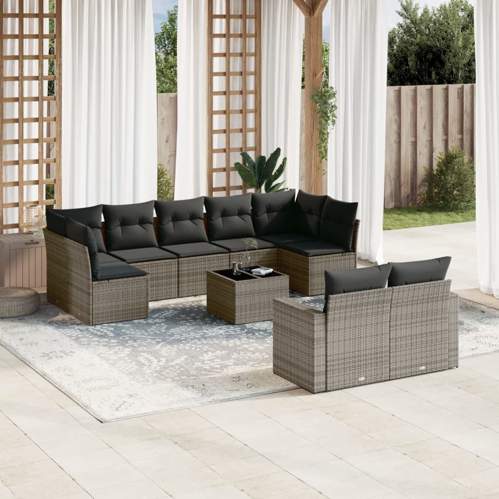 vidaXL 10-tlg. Garten-Sofagarnitur mit Kissen Grau Poly Rattan