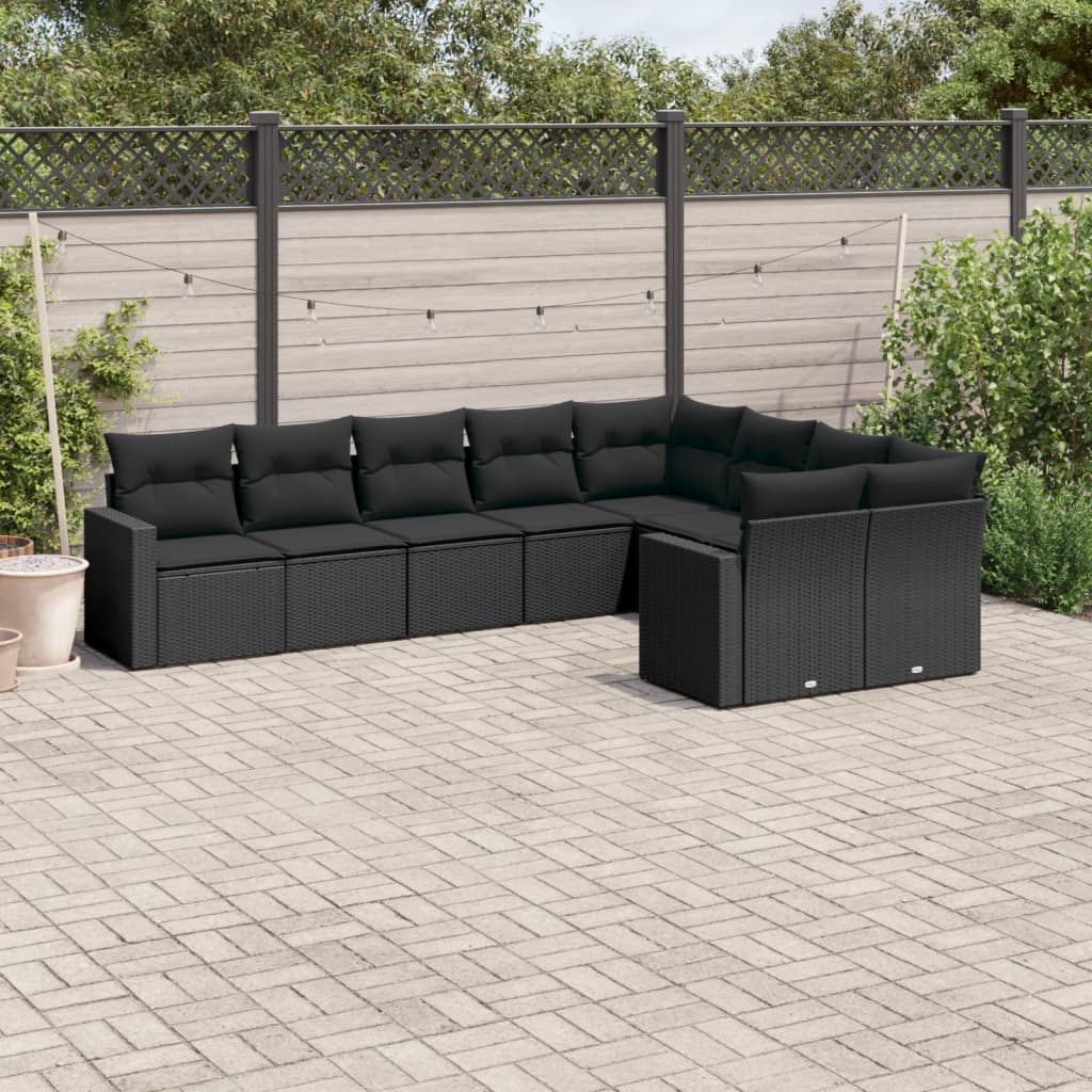 vidaXL 9-tlg. Garten-Sofagarnitur mit Kissen Schwarz Poly Rattan