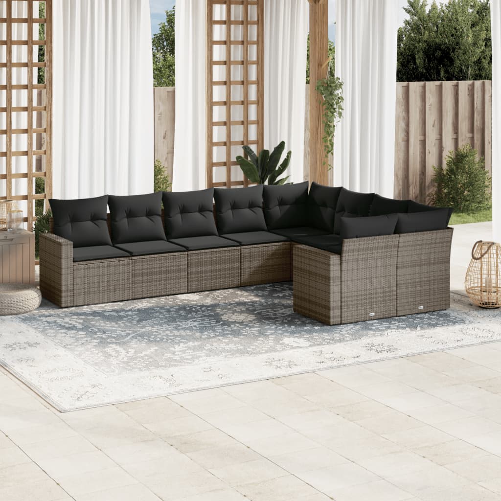 vidaXL 9 Piece Garden Sofa Set with Cushions Grey Poly Rattan