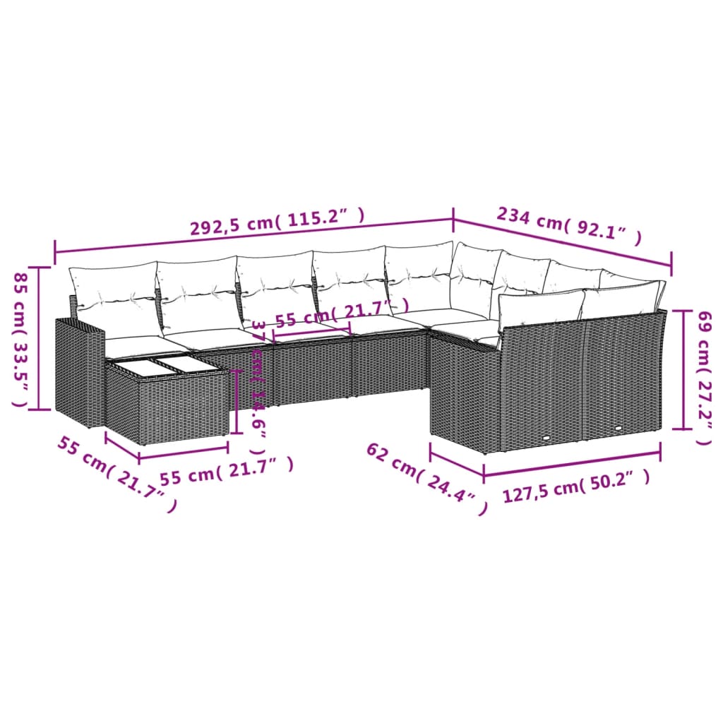 Set canapele de grădină cu perne, 10 piese, negru, poliratan 3251792 - imagine 3