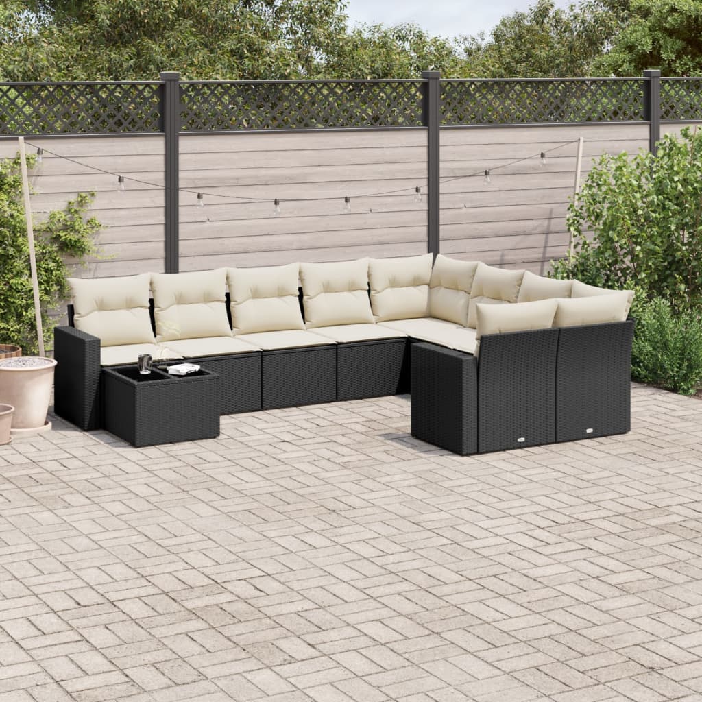 10-tlg. Garten-Sofagarnitur mit Kissen Schwarz Poly Rattan