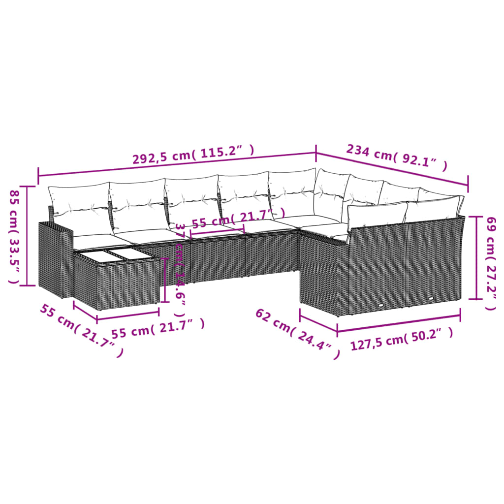 Set canapele de grădină cu perne, 10 piese, bej, poliratan 3251796 - imagine 3
