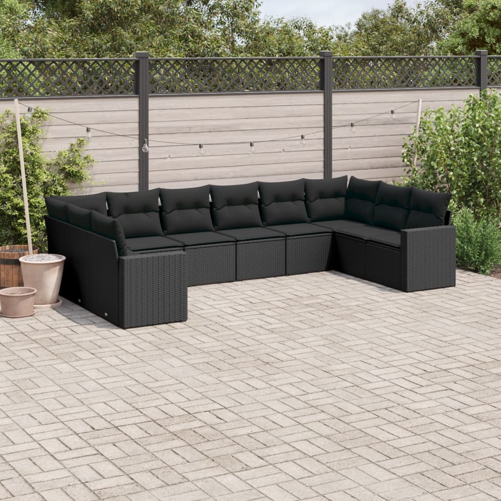 vidaXL 10 Piece Garden Sofa Set with Cushions Black Poly Rattan