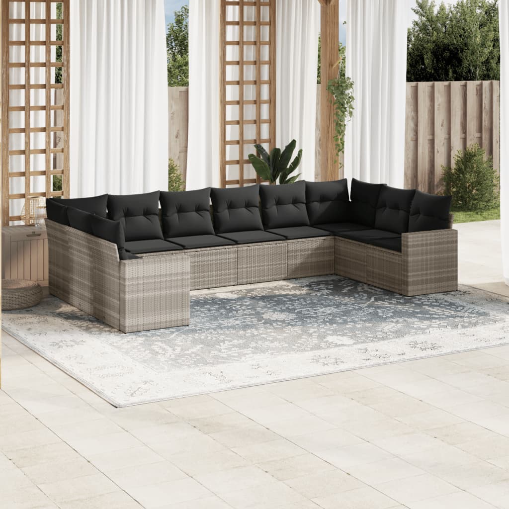 vidaXL 10-tlg. Garten-Sofagarnitur mit Kissen Hellgrau Poly Rattan