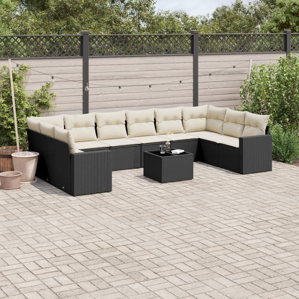 Loungesæt Til Haven 11 Dele Med Hynder Polyrattan - Sort og cremefarvet / Med bord