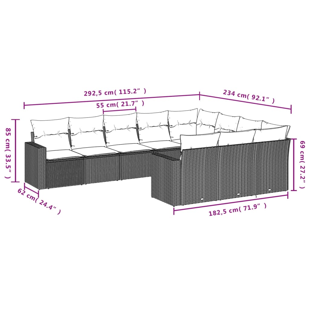 Set canapele de grădină cu perne, 10 piese, negru, poliratan 3251822 - imagine 3