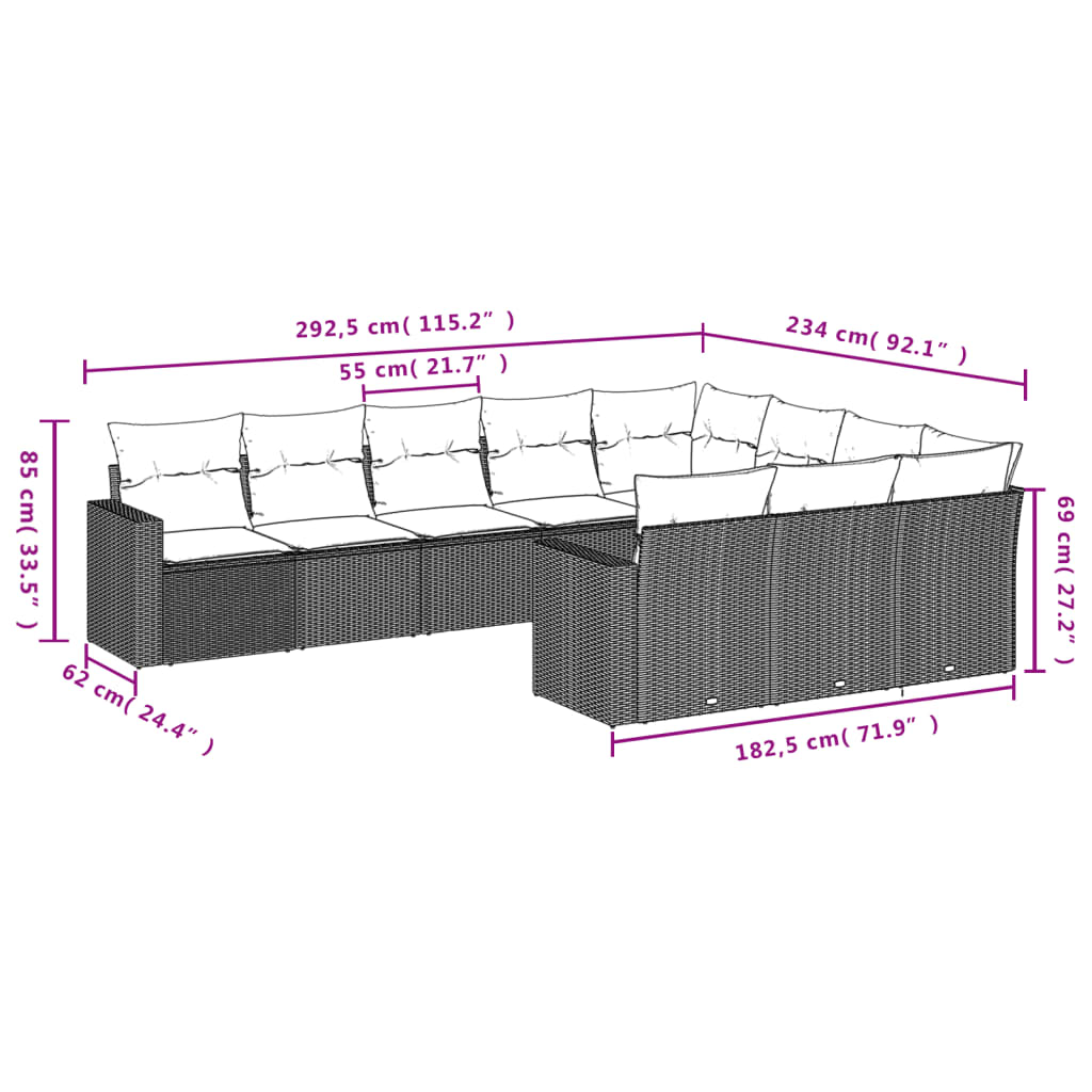 vidaXL 10-delige Loungeset met kussens poly rattan bruin afbeelding