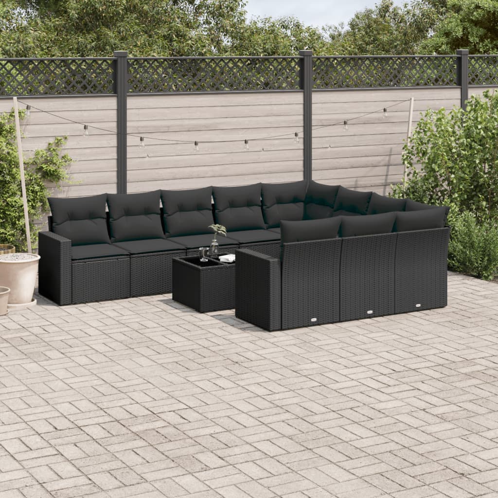 11-tlg. Garten-Sofagarnitur mit Kissen Schwarz Poly Rattan