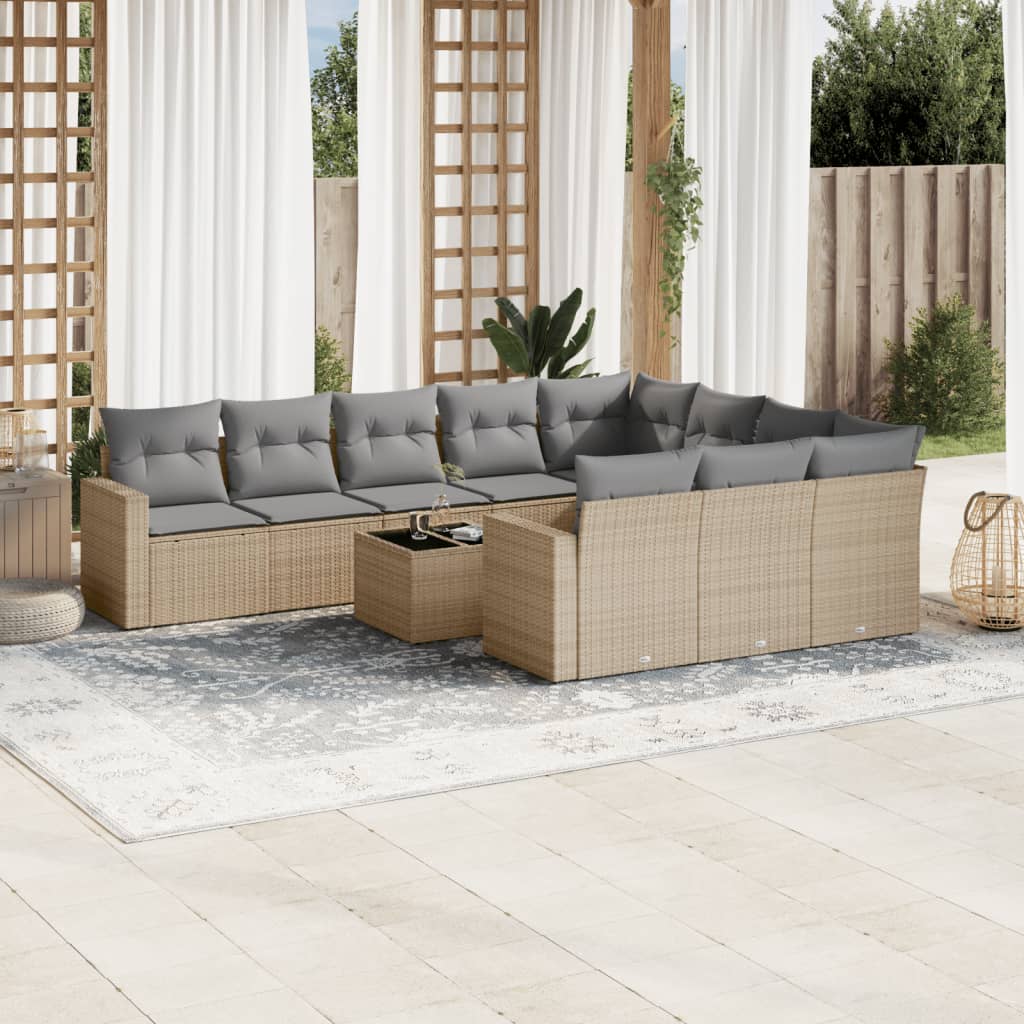 vidaXL 11-tlg. Garten-Sofagarnitur mit Kissen Beige Poly Rattan