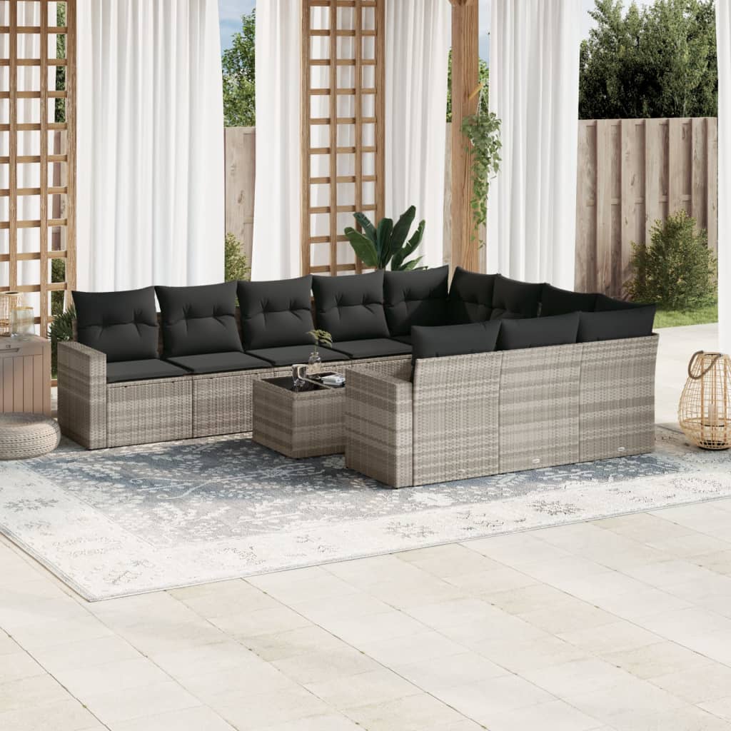 11-tlg. Garten-Sofagarnitur mit Kissen Hellgrau Poly Rattan