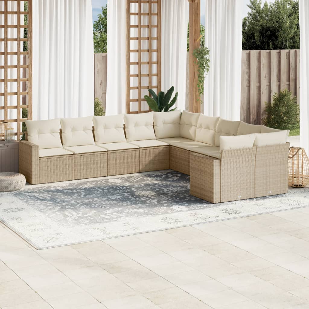 vidaXL 10-tlg. Garten-Sofagarnitur mit Kissen Beige Poly Rattan