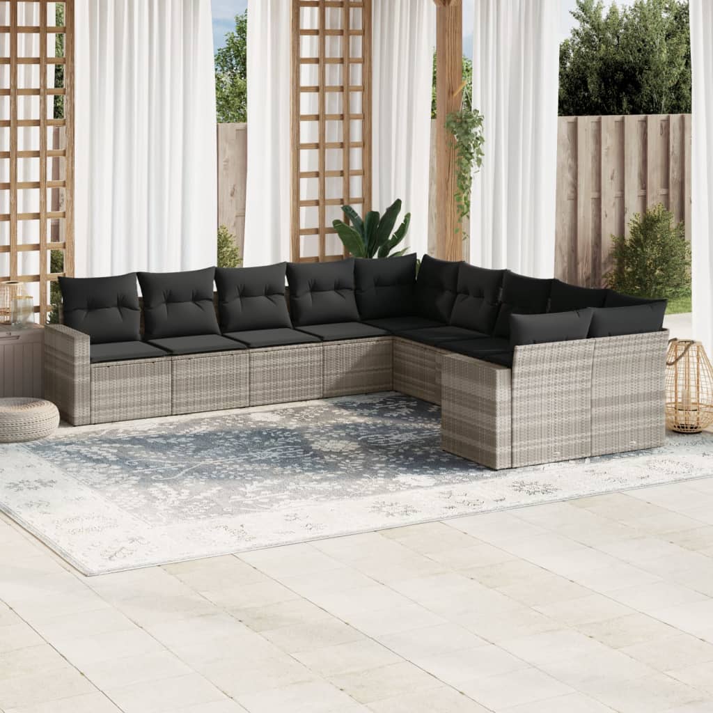 vidaXL 10-tlg. Garten-Sofagarnitur mit Kissen Hellgrau Poly Rattan