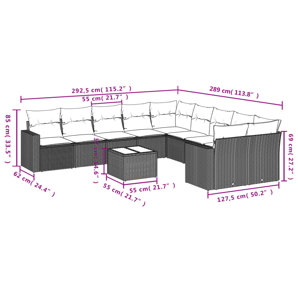Set canapele de grădină cu perne, 11 piese, negru, poliratan 3251852 - imagine 3