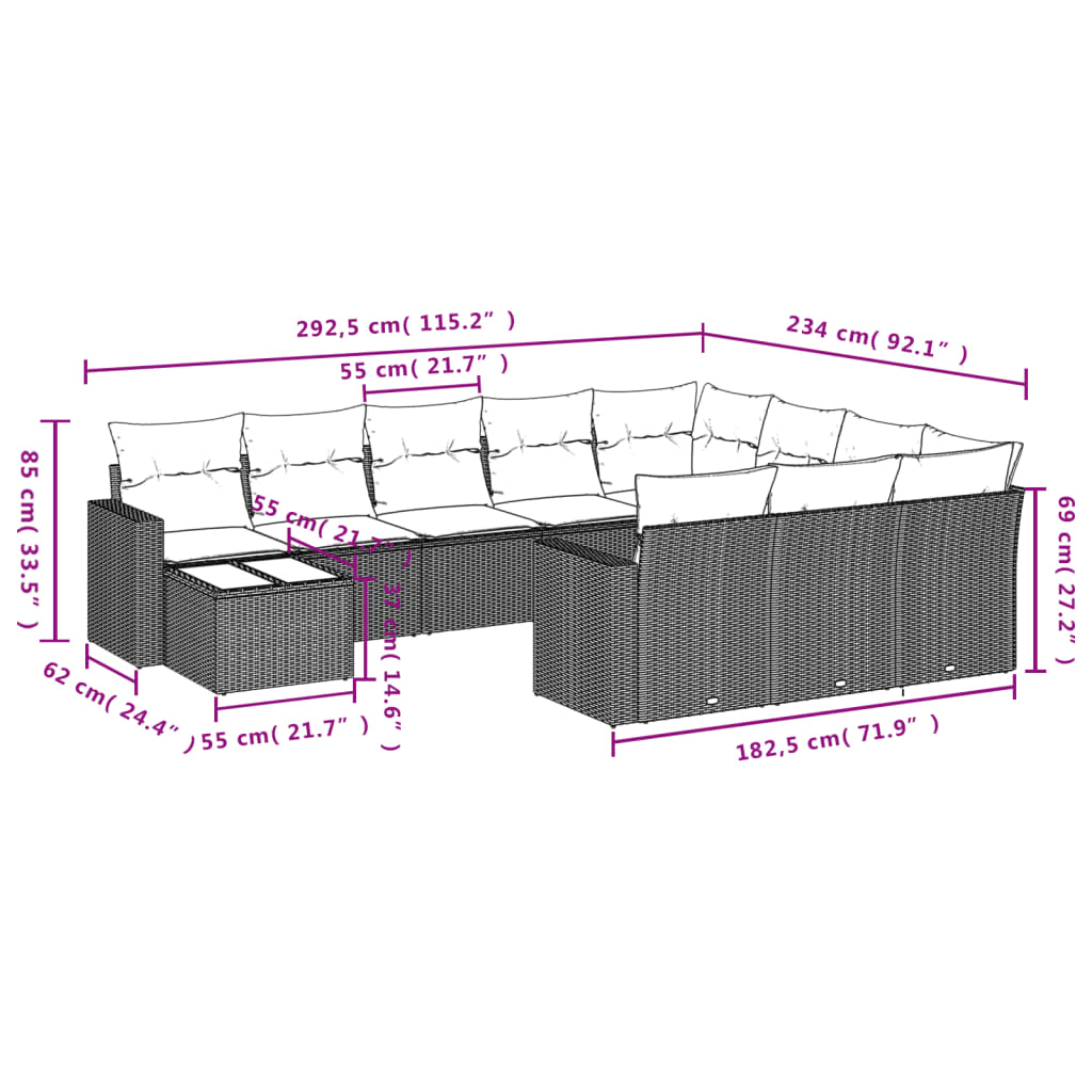 Thumbnail - vidaXL 11-tlg. Garten-Sofagarnitur mit Kissen Braun Poly Rattan