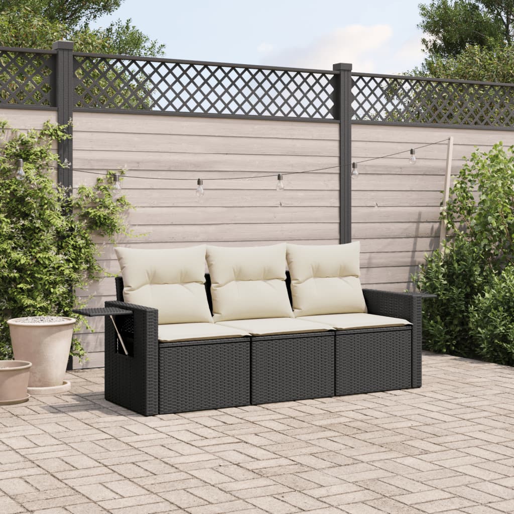 vidaXL 3-tlg. Garten-Sofagarnitur mit Kissen Schwarz Poly Rattan