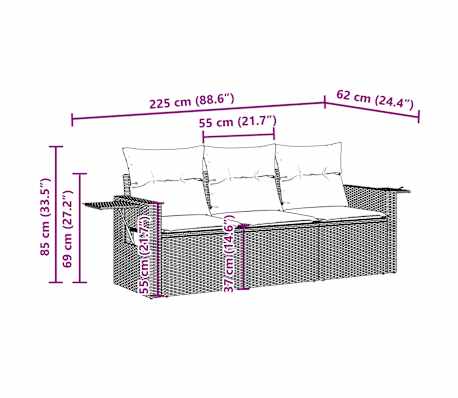 vidaXL 3-delige Loungeset met kussens poly rattan lichtgrijs