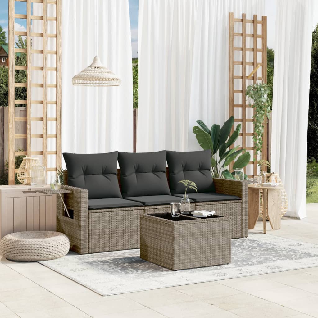 4-tlg. Garten-Sofagarnitur mit Kissen Grau Poly Rattan