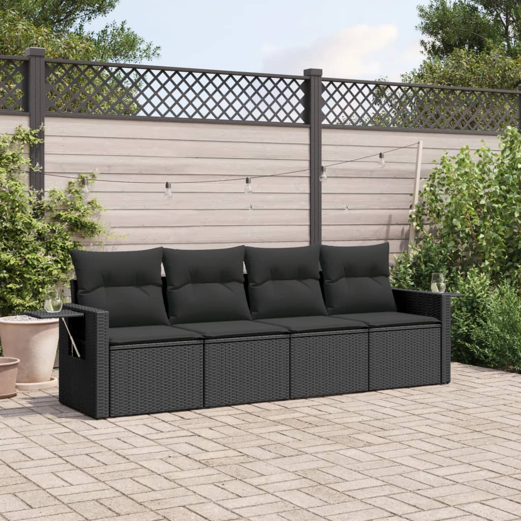 4-tlg. Garten-Sofagarnitur mit Kissen Schwarz Poly Rattan