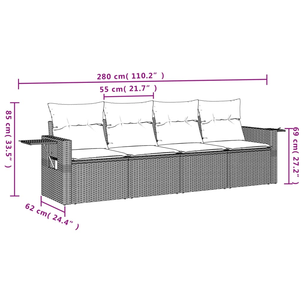 vidaXL 4-delige Loungeset met kussens poly rattan grijs afbeelding