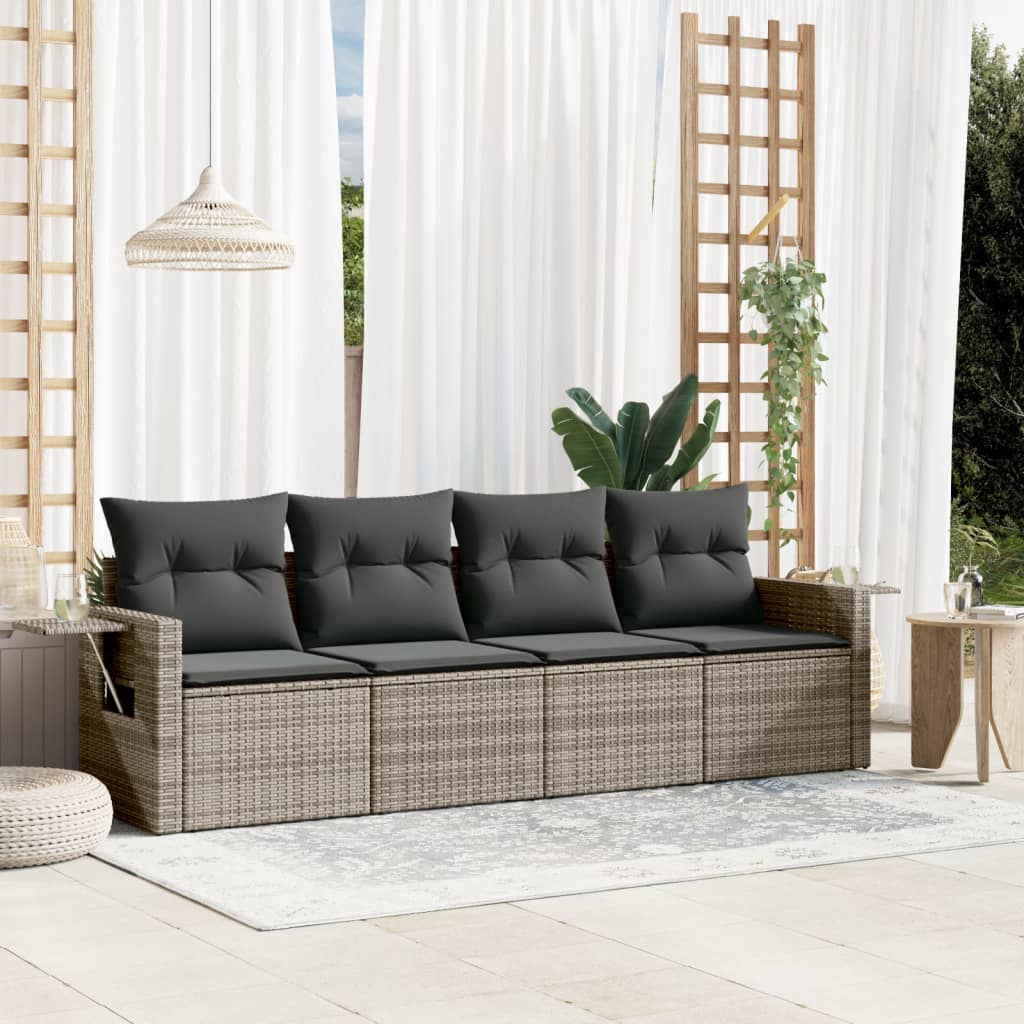 4-tlg. Garten-Sofagarnitur mit Kissen Grau Poly Rattan