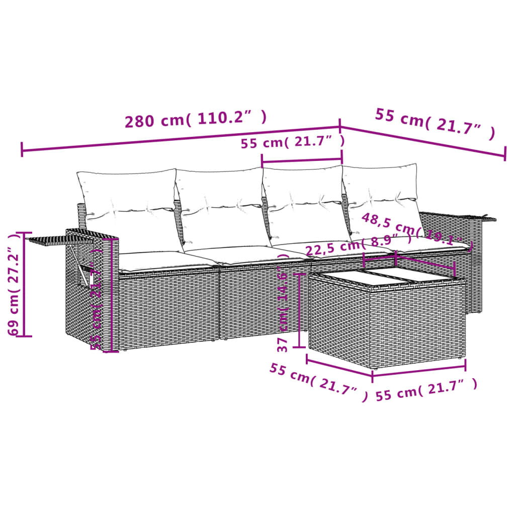 vidaXL 5-delige Loungeset met kussens poly rattan beige afbeelding
