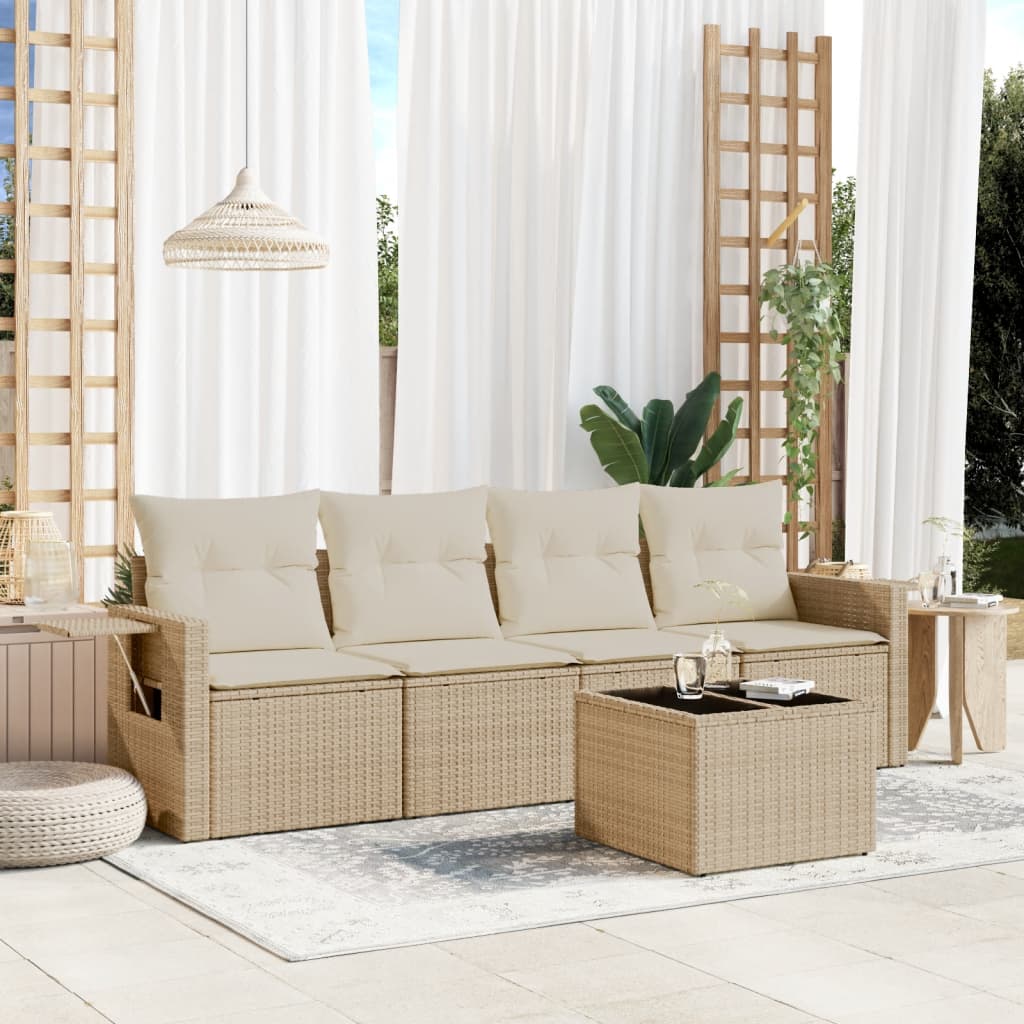 vidaXL 5-tlg. Garten-Sofagarnitur mit Kissen Beige Poly Rattan