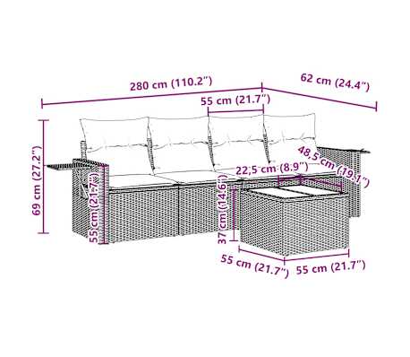 vidaXL Set de sof&aacute;s jard&iacute;n y cojines 5 pzas rat&aacute;n sint&eacute;tico gris claro