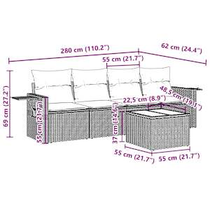 vidaXL Set de sof&aacute;s jard&iacute;n y cojines 5 pzas rat&aacute;n sint&eacute;tico gris claro