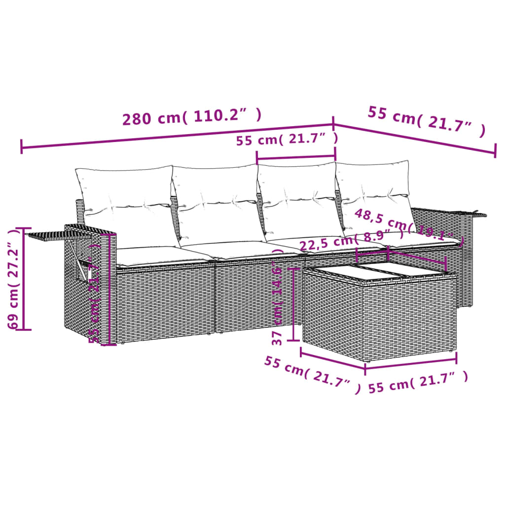 vidaXL 5-delige Loungeset met kussens poly rattan bruin