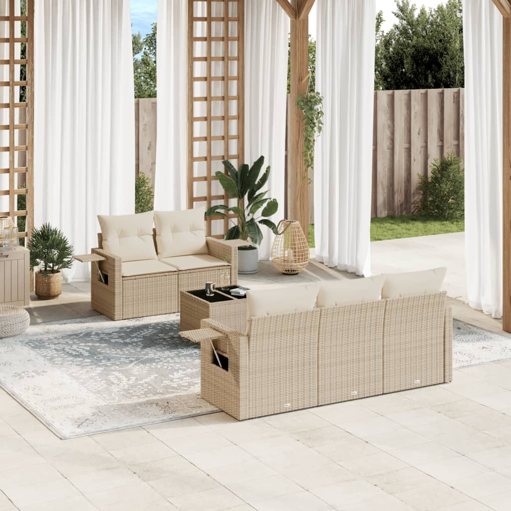 vidaXL 6-tlg. Garten-Sofagarnitur mit Kissen Beige Poly Rattan