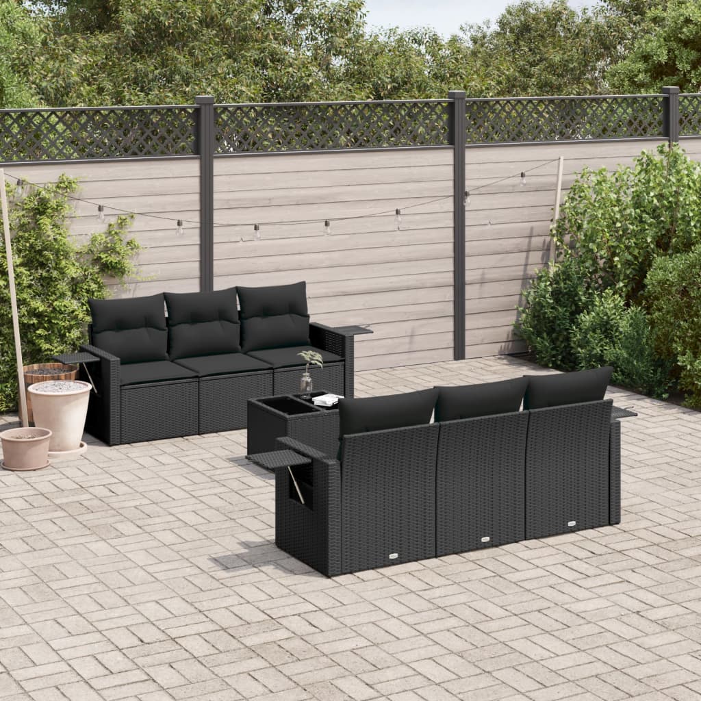 vidaXL 7-tlg. Garten-Sofagarnitur mit Kissen Schwarz Poly Rattan