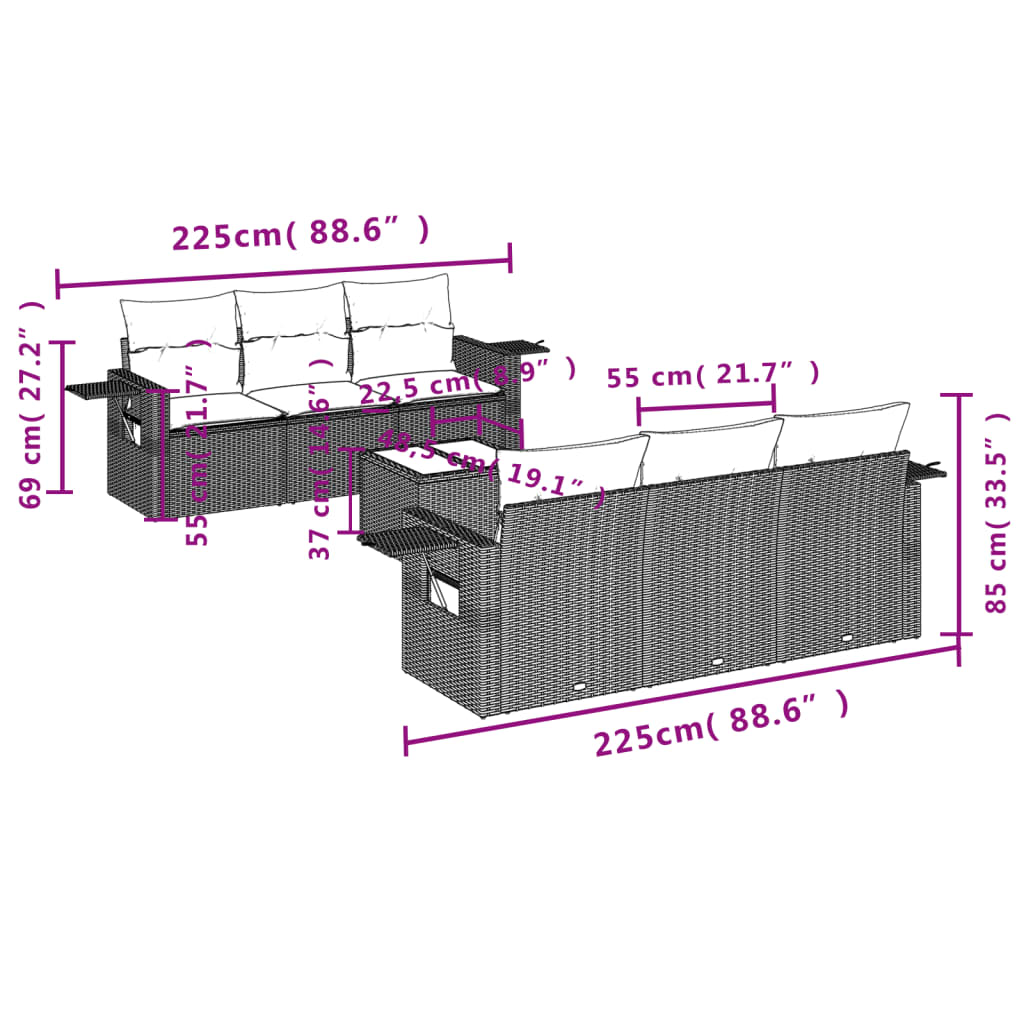 vidaXL 7-delige Loungeset met kussens poly rattan zwart afbeelding