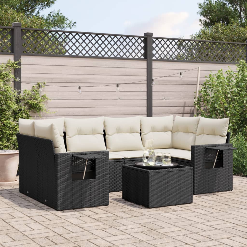 vidaXL 7-tlg. Garten-Sofagarnitur mit Kissen Schwarz Poly Rattan