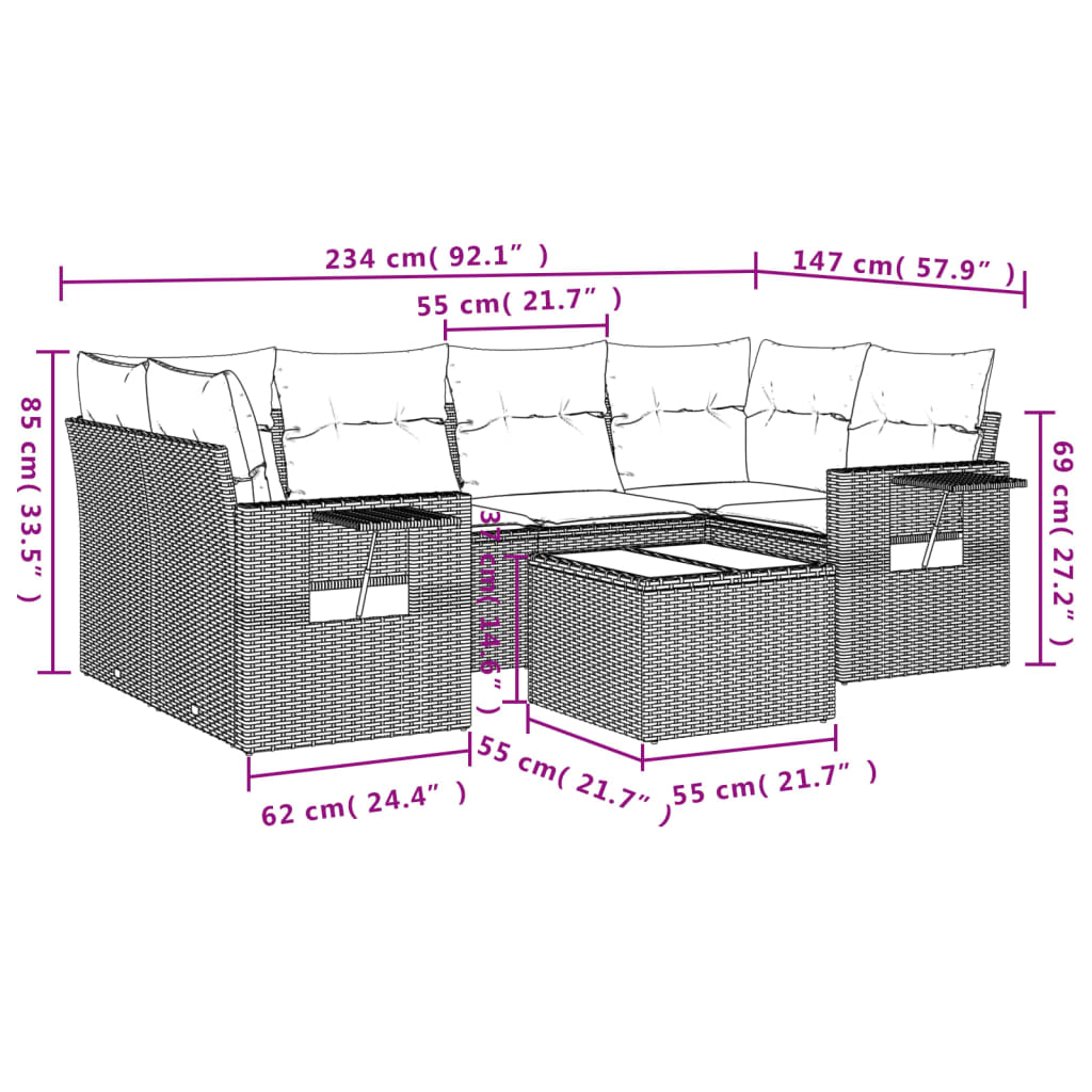 vidaXL 7 pcs conjunto sofás p/ jardim c/ almofadões vime PE cinzento