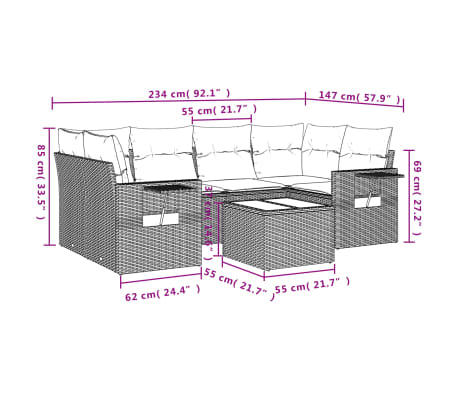 vidaXL 7 pcs conjunto sofás p/ jardim c/ almofadões vime PE cinzento