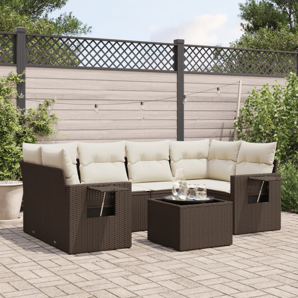 vidaXL 7-tlg. Garten-Sofagarnitur mit Kissen Braun Poly Rattan